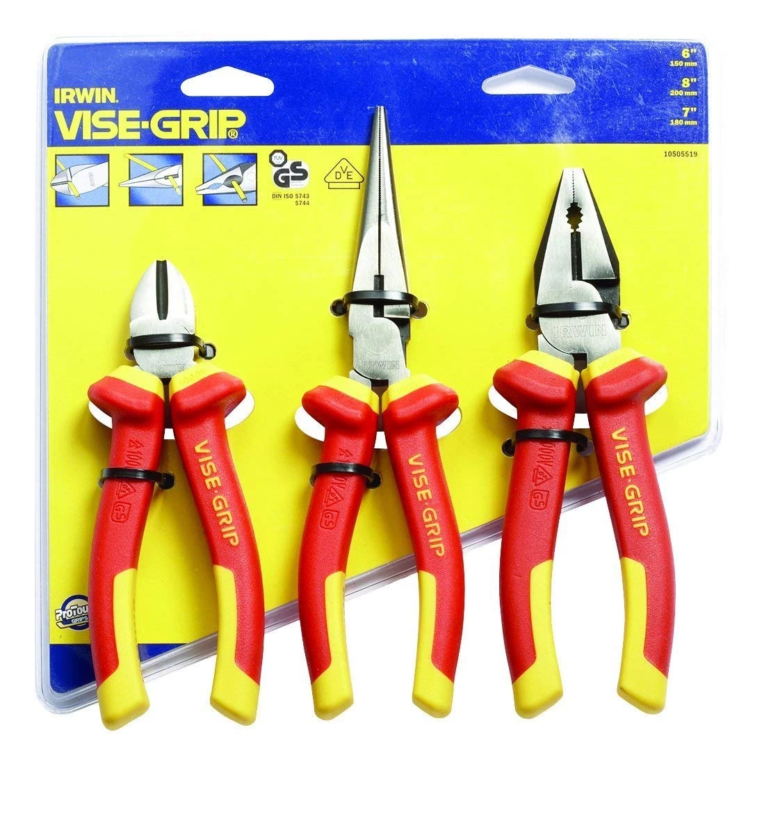 Irwin Vise-Grip 10505519 3 Piece VDE Diagonal Cutter, Long Nose And Combination Pliers Set 3 Irwin Vise-Grip 10505519 3 Piece VDE Diagonal Cutter, Long Nose And Combination Pliers Set