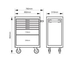 Bahco 1472K7BLACK E72 7 Drawer 26" Mobile Roller Cabinet Black -Stahlwille Store 1472K7 DIMS