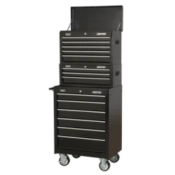 Sealey AP22BSTACK 14 Drawer Tool Box Stack - Roll Cab, Top & Mid Chests - Black
